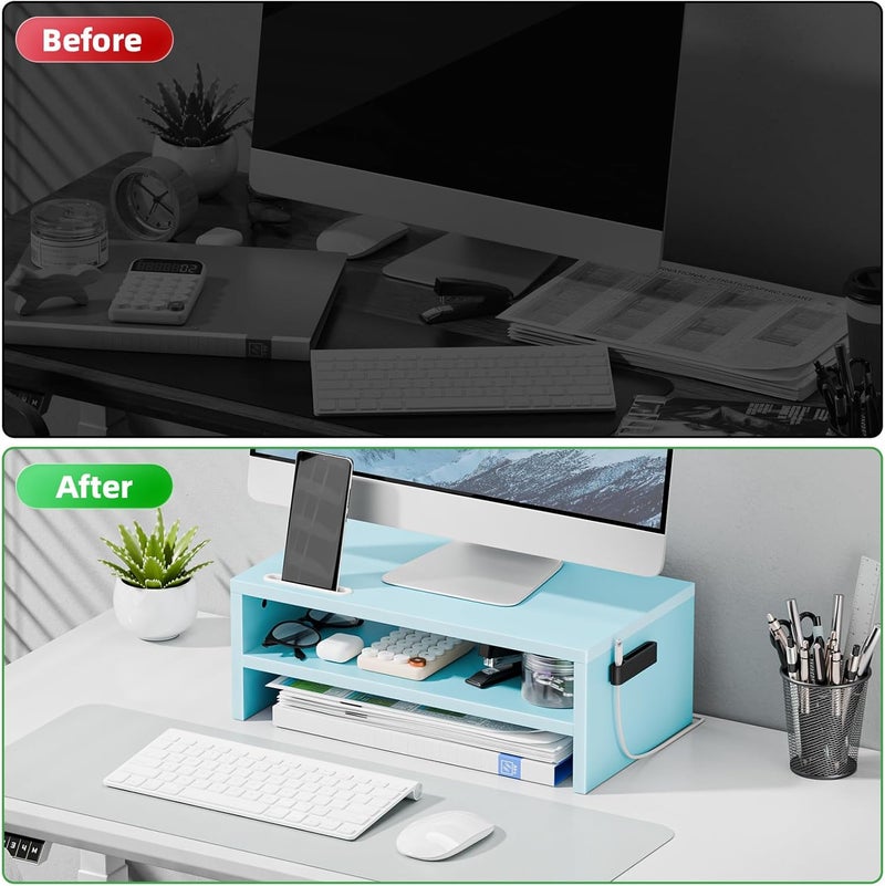 Marbrasse Monitor Stand Riser, 16.5 Inch 2 Tier Computer Printer Shelf Stand for Laptop Computer Screen Storage, Desktop Stand with Phone Holder and Cable Management (Blue) - Image 4
